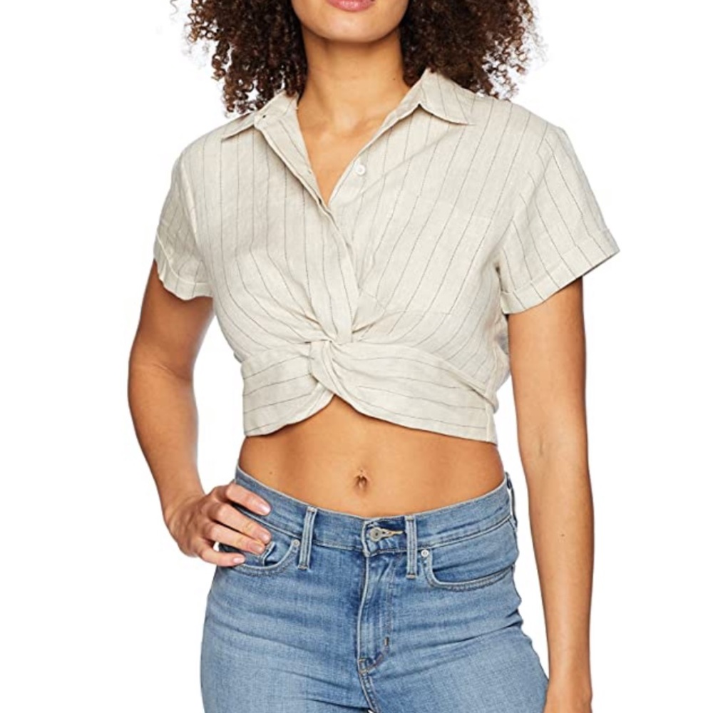 Moon River Button Down Collared Crop Top w/ Twist